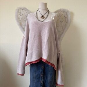 Free People Distressed Fringe Knit Boho Poncho Sweater Top Blush Pink Oversized